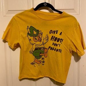 Yellow “Give a hoot! Don’t pollute” vintage owl cropped t-shirt